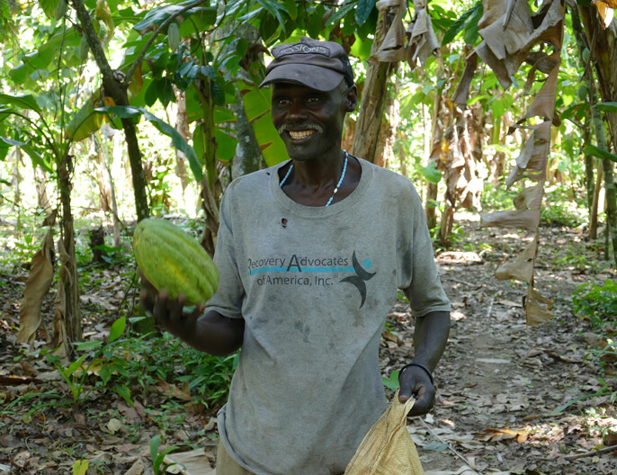 Producteur avec une cabosse de cacao Ã©quitable et bio